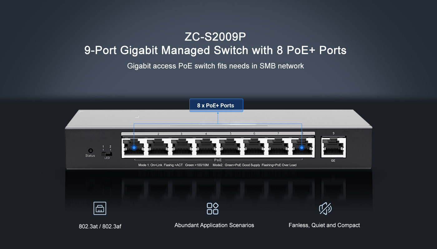 18 Gbps 9 Port Poe Gigabit Switch Managed ZC-S2009P With 8 PoE+ Ports