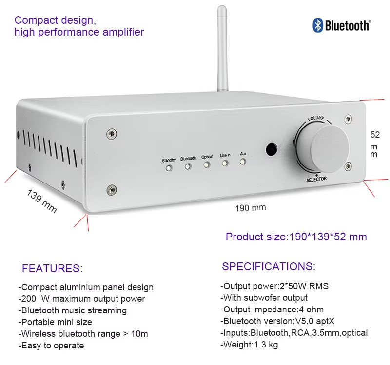 2.1 Channel HiFi Bluetooth Audio Power Amplifier 100 Watt Subwoofer Sound Receiver Bluetooth DAC Amplifier