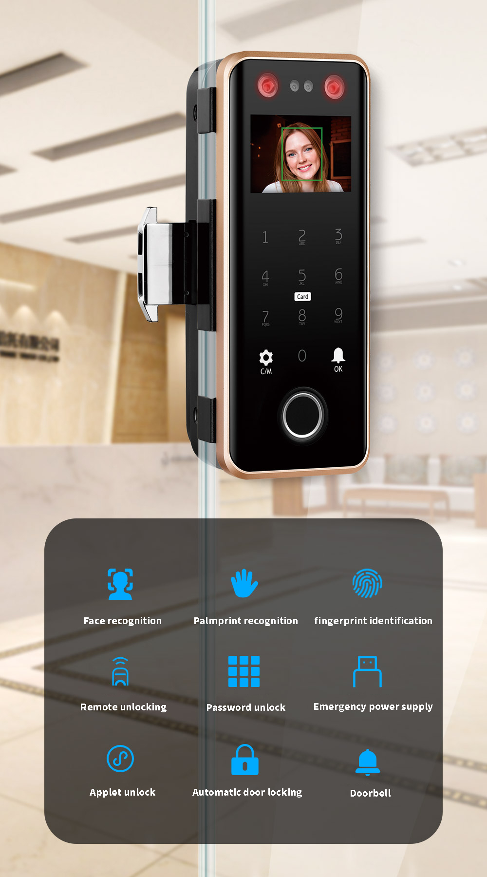 G5S Face Recognition Fingerprint Card Passcode Electronic Glass Door Lock for Office