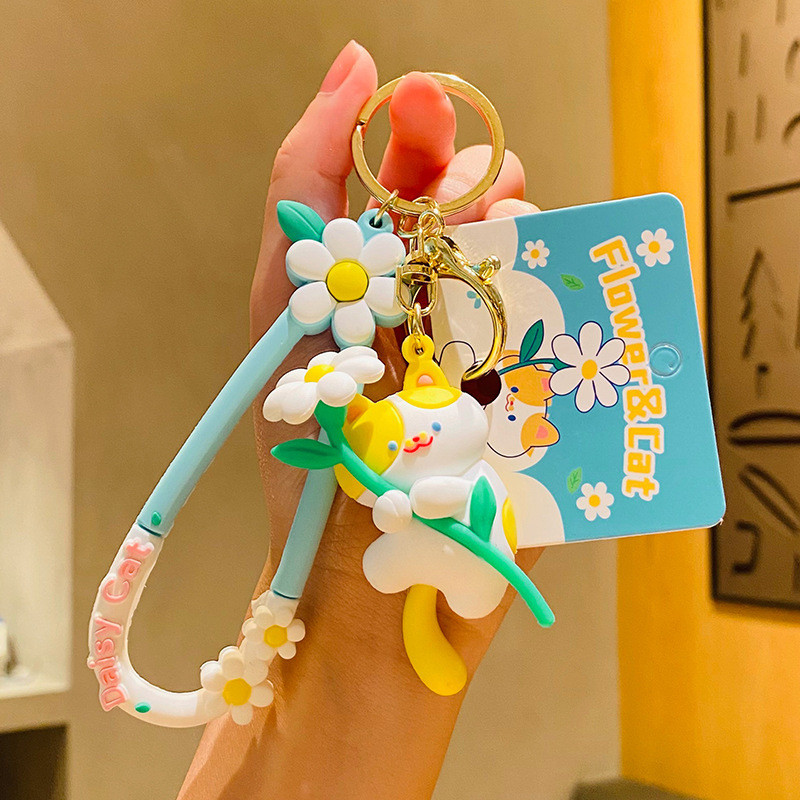 Customized Silicone Keychain Accessory Cat Flower Cute Cartoon Soft Silicone Keychain Charms