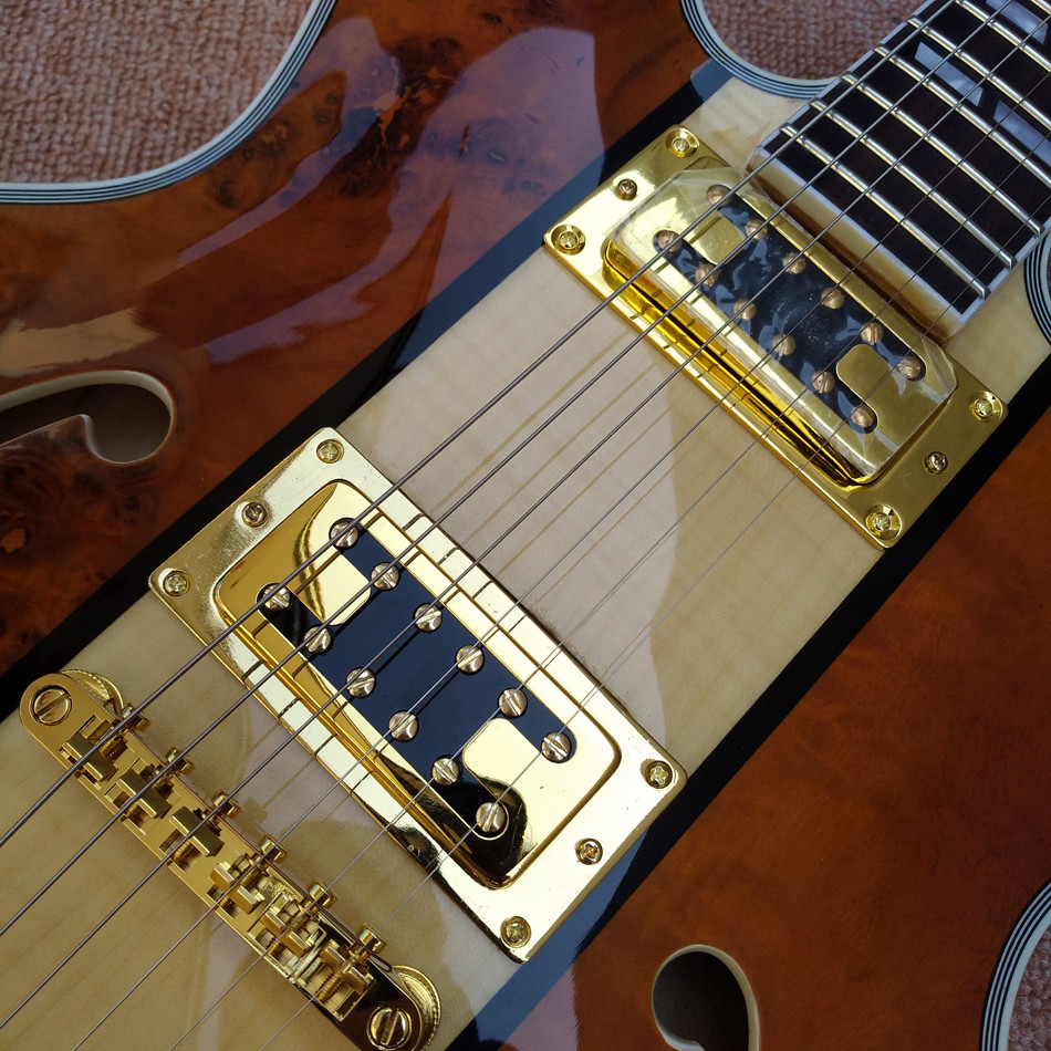 Hollow body jazz 335 electric guitar, Maple top gold hardware electric guitar with Tremolo system, free shipping