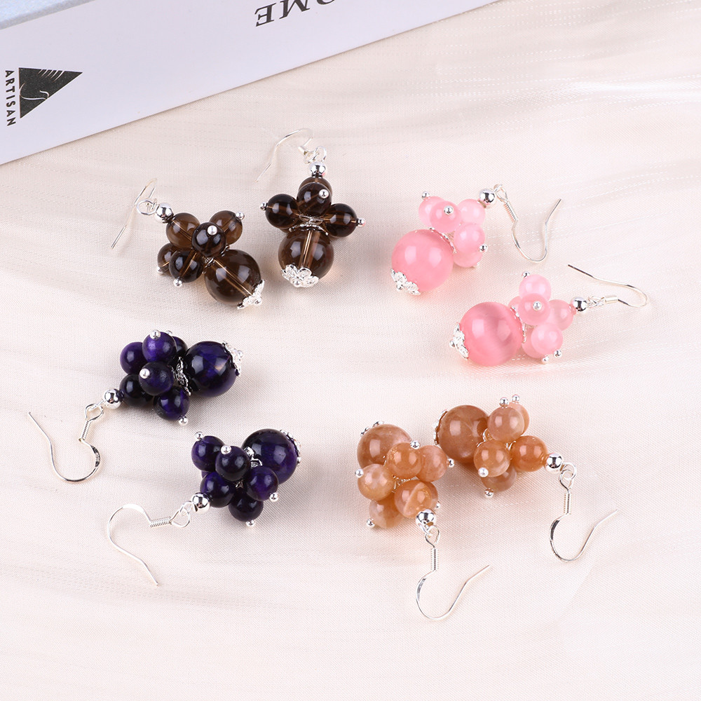 Handmade Crystal Stone Earrings Sunstone Beaded Earrings Gemstone Flower Pendant Earrings