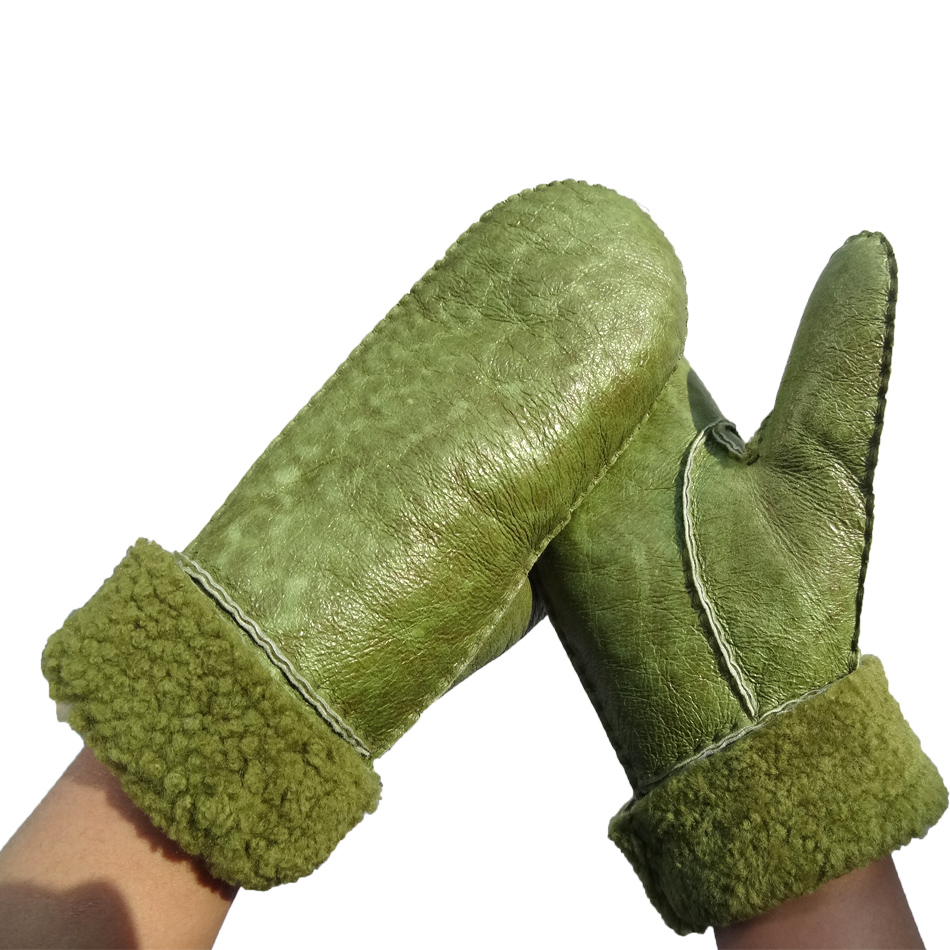 New Fashion Hand Sewing Spanish Merino Shearling Sheep Skin Double Face Winter Mitten Gloves
