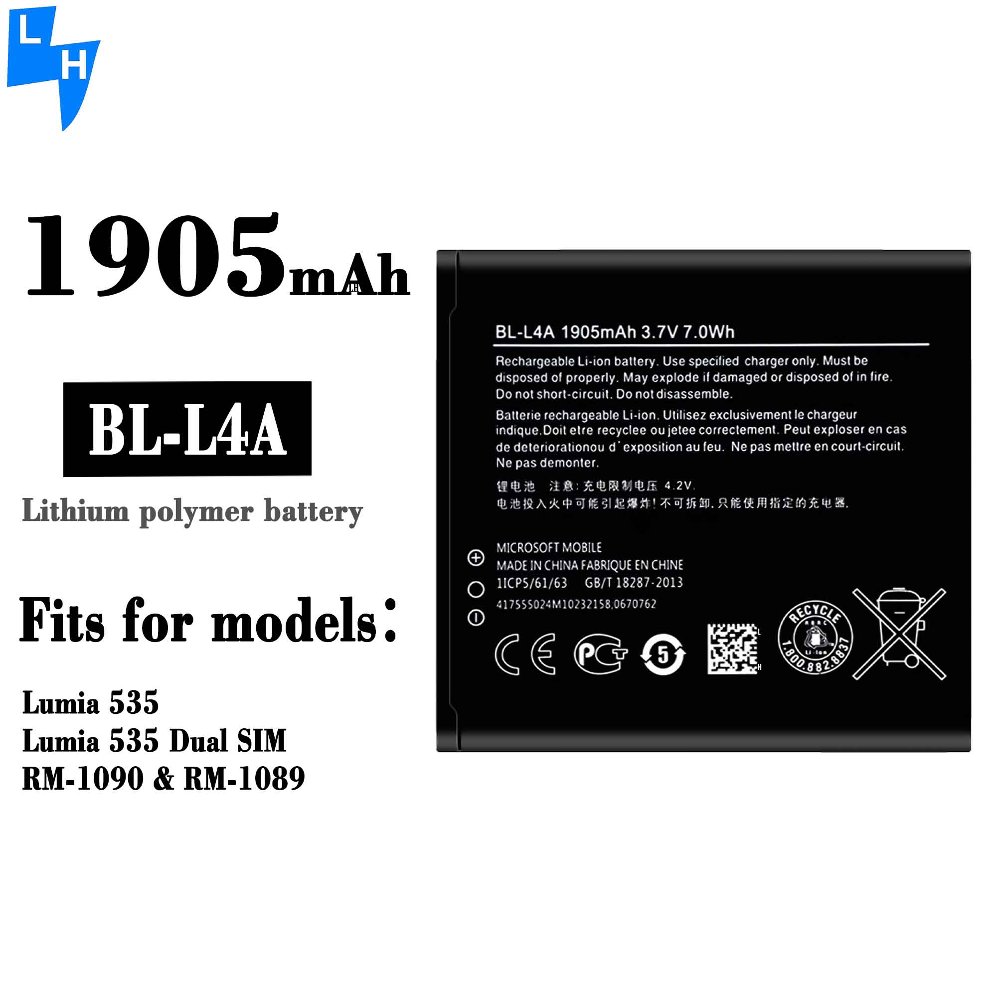 1905mAh BL-L4A Battery For Microsoft Nokia Lumia 535 RM-1090 RM-1089 Dual 830 RM-984