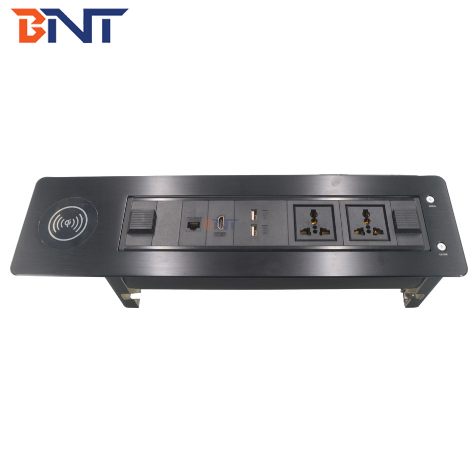 Multimedia electric flip up hidden table mount socket with wireless phone charger