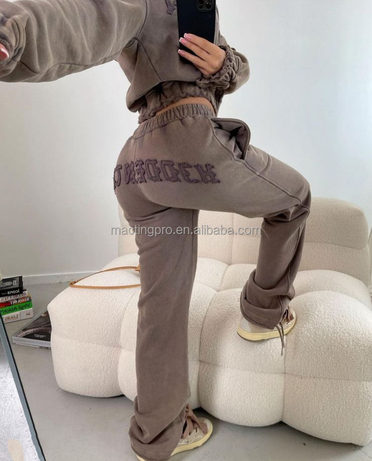 Acid Wash Zip Up Hoodie Tracksuit Boys Brown Women'S Street Wear Patch Embroidery Washed Joggers
