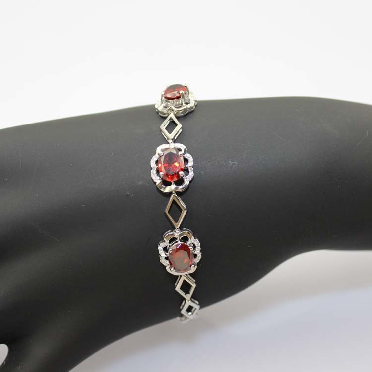 Sterling Silver 6x8mm Created Garnet and Clear Cubic Zircon Link Tennis Bracelet (H012)