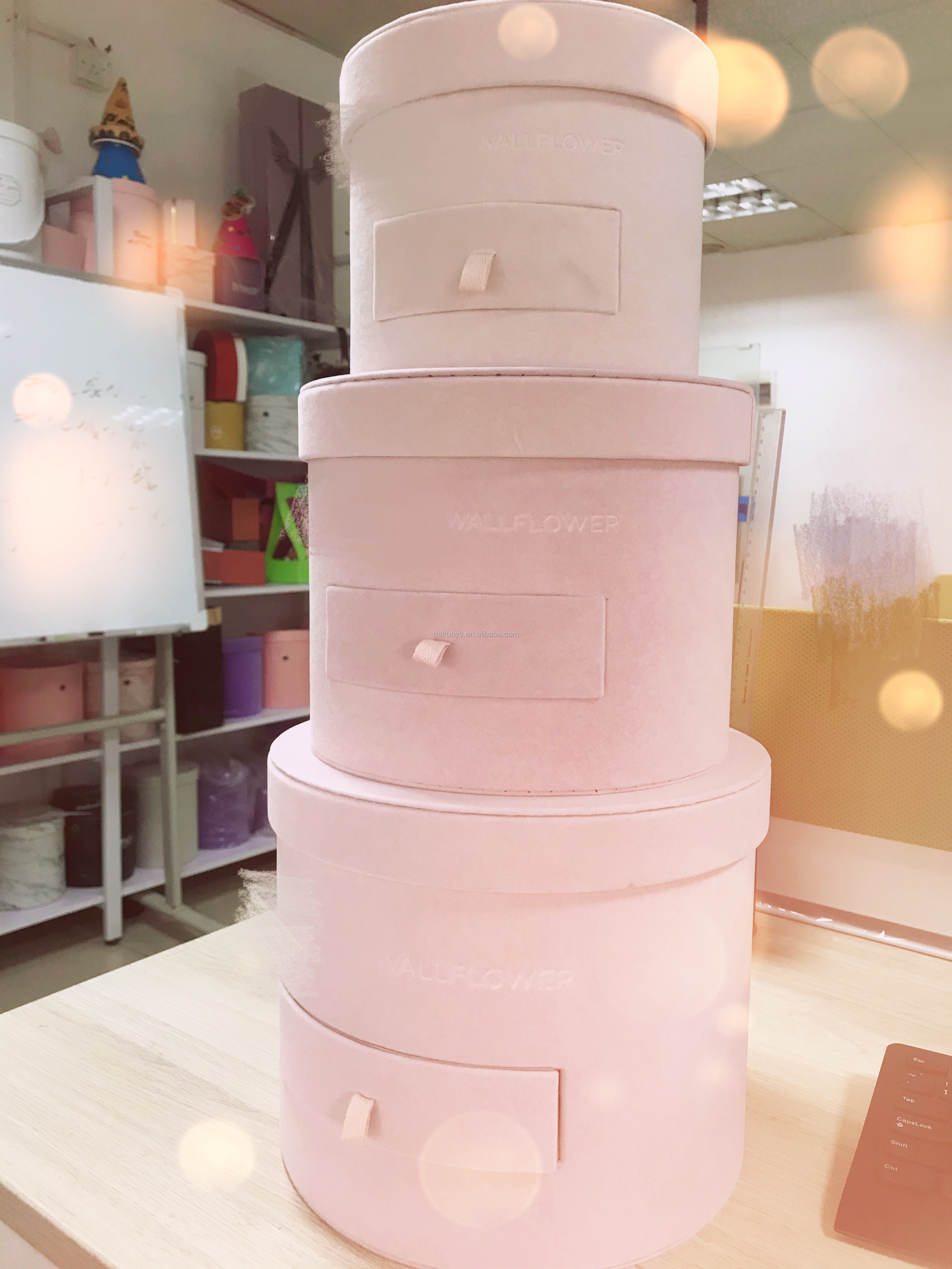 Custom Order Pink Cylinder Velvet Box Packaging with Drawer and Round Design