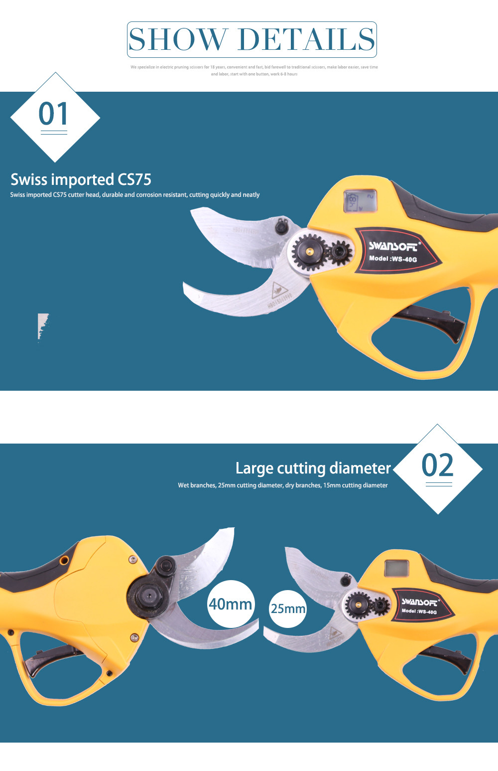Swansoft New Type 4.0CM Cordless Electric Pruner Eletric Pruning Shears for Vineyard and Orchard with LED Screen Display