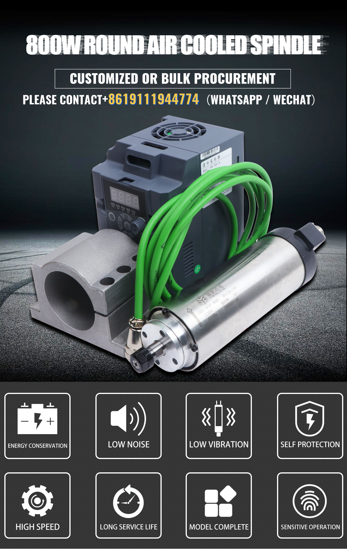 GDZ65-0.8 800W Air Cooled CNC Router Spindle Motor Kit with Inverter Holder Bracket