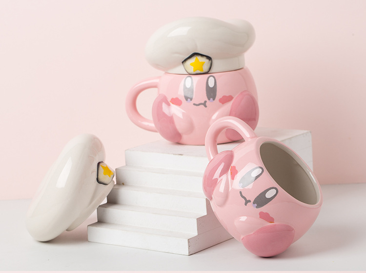 Cute Pink Cartoon Chef Kirby Ceramic Mug Navy Hat 3D Ceramic Coffee Mug for Christmas Holiday Gift