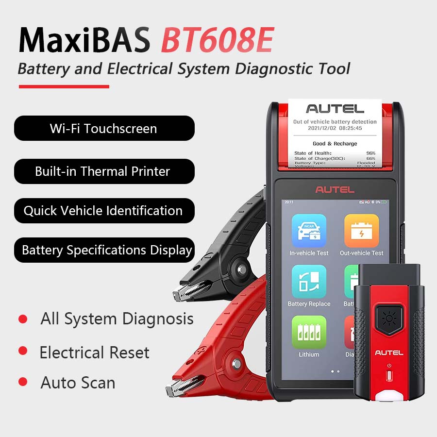 Touchscreen Battery Tester Auto Electrical System Analyzer Autel MaxiBAS BT608E OBD2 Scanner Built-In Printer for 12V