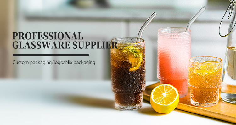 Factory Direct Retro Embossed Coffee Crystal Clear Glass Cup