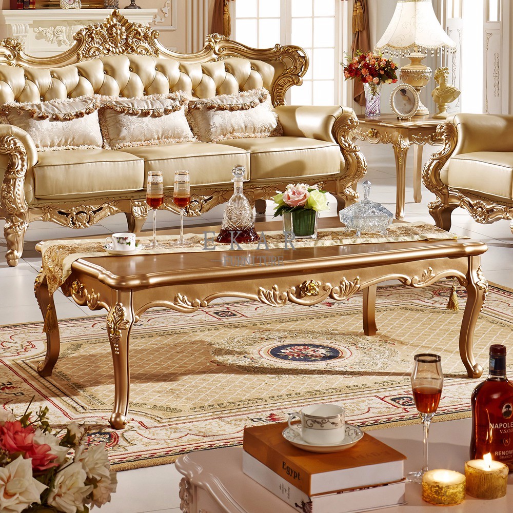 Wooden Gold Carved Luxury Glass Coffee Table