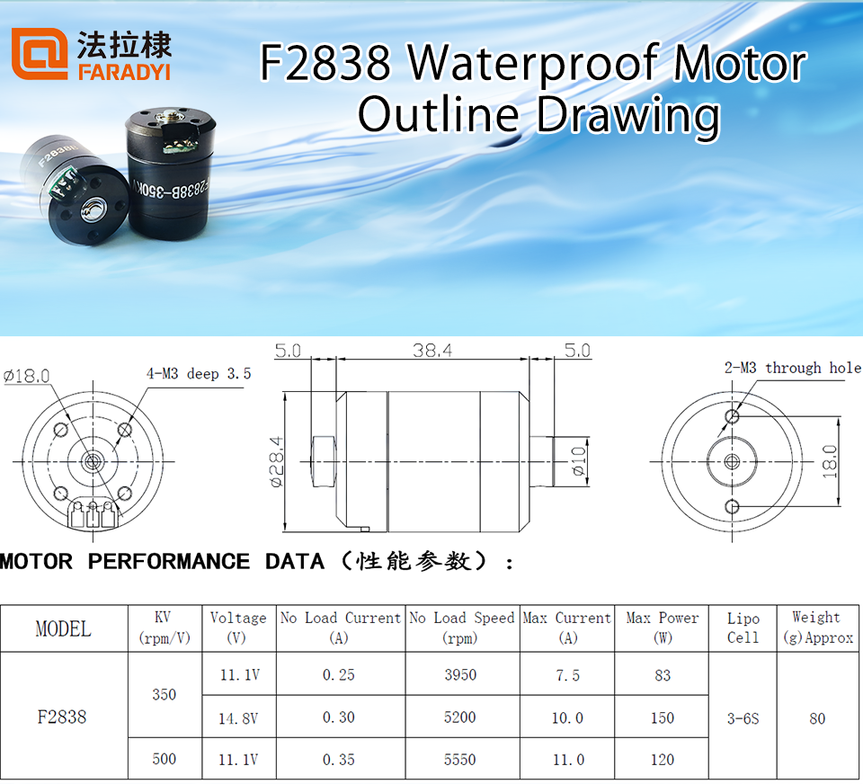 Faradyi DC Waterproof Motor 28mm 350KV 500KV 3000RPM 5000RPM With Clockwise and Counter Clockwise Propeller For Toy Model