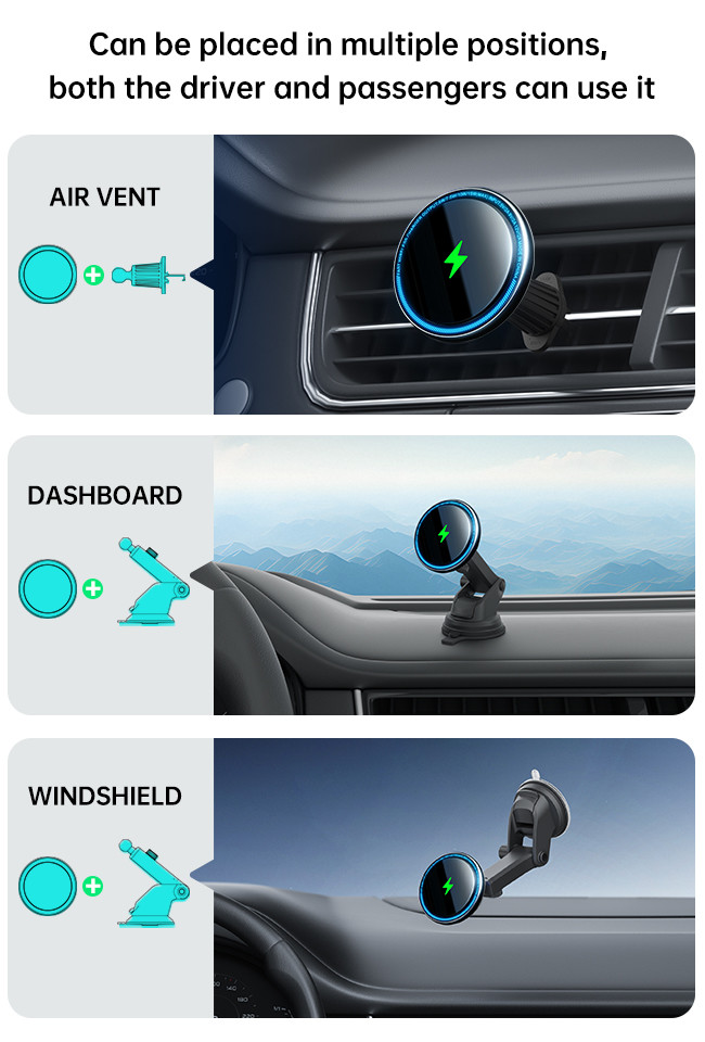15w Wireless Charger Metal Magnetic Car Phone Holder With Innovative Running Light Design And Fast Magsafe Magnetic Suction