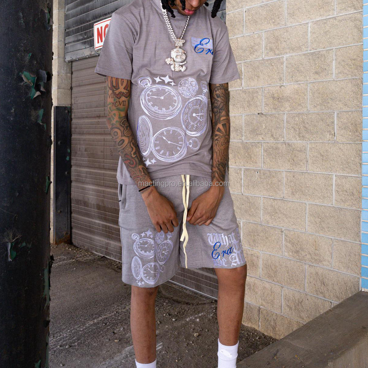 Silk Screen Printing Custom Tracksuit for Men Mens T Shirts and Sweat Shorts Set