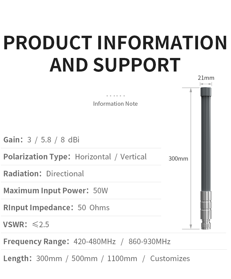 8dBi Gain Fiberglass Antenna for 1.8m Outdoor Omni Directional WiFi Coverage