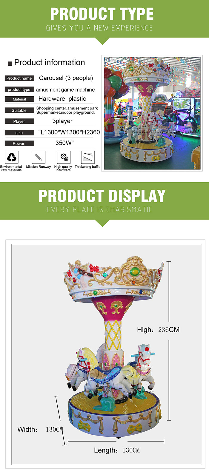 Theme Park Merry Go Round Carousel With 3 Chairs Smart Design 80W