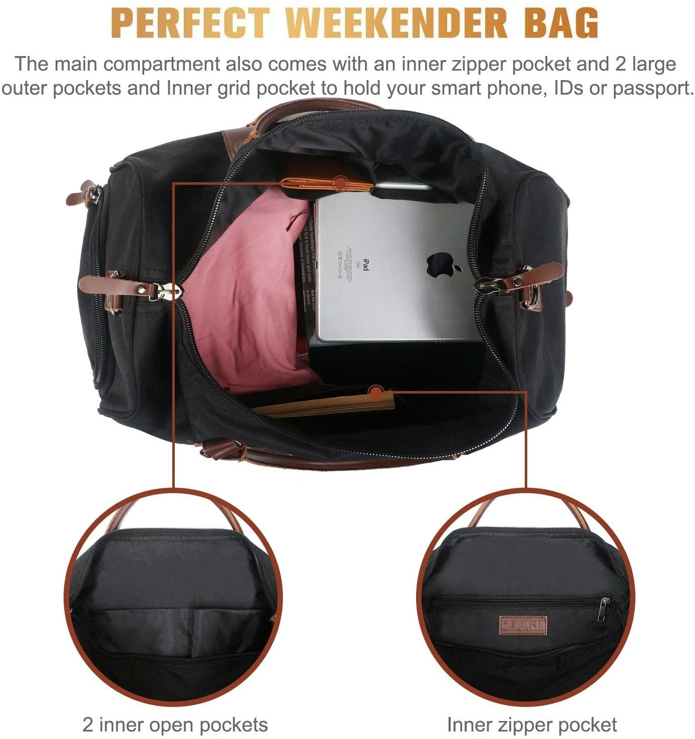 21X5.1X12 Inches Travel Duffel Bag , Overnight Black Durable Perfect Weekend Bag