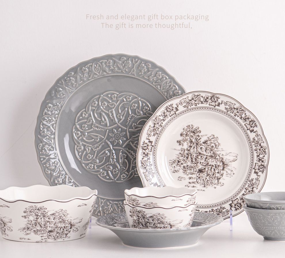 European Style Gray Dinnerware Sets With Luxury Porcelain And Scenic Pattern Ceramic