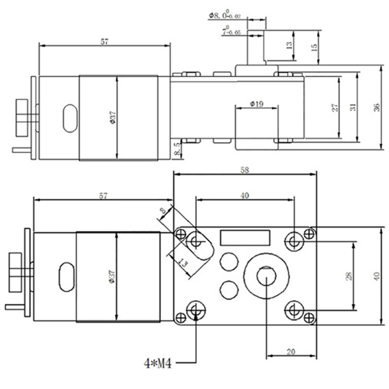 58mm*40mm pmdc DC Worm Gear Motors High Torque 12V 24V 40rpm