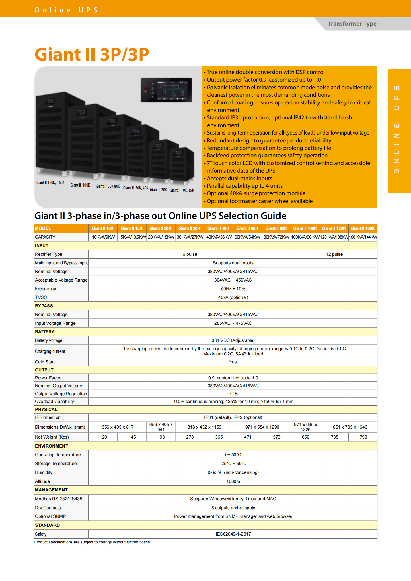 30KVA Computer Networking Visench Giant ll Three Phase 30KW PF 0.9 Online OEM UPS