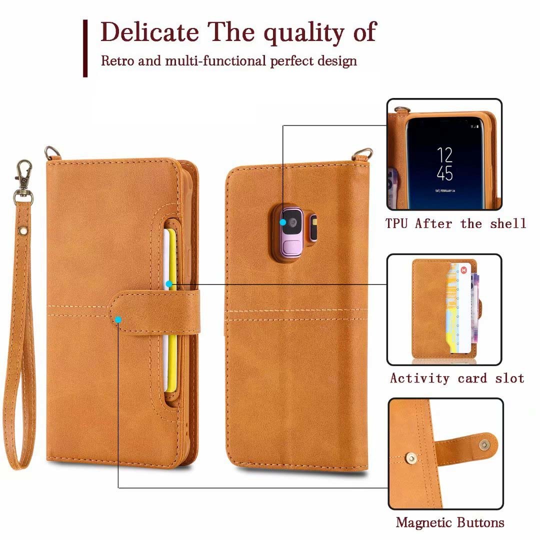 Samsung Galaxy S9 Multifunction Removable Leather Wallet Case with Card Slot and Wristlet Strap