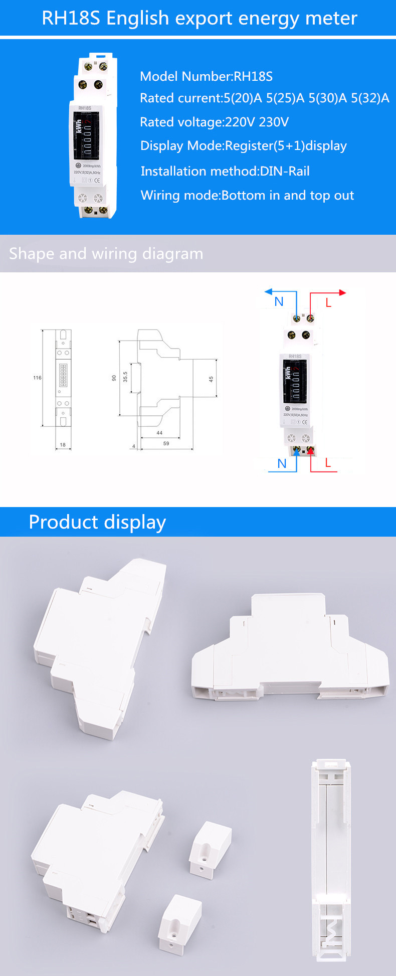 Hot selling Single phase 32A 1P DIN Rail Digital Power Energy meter/kWh meter