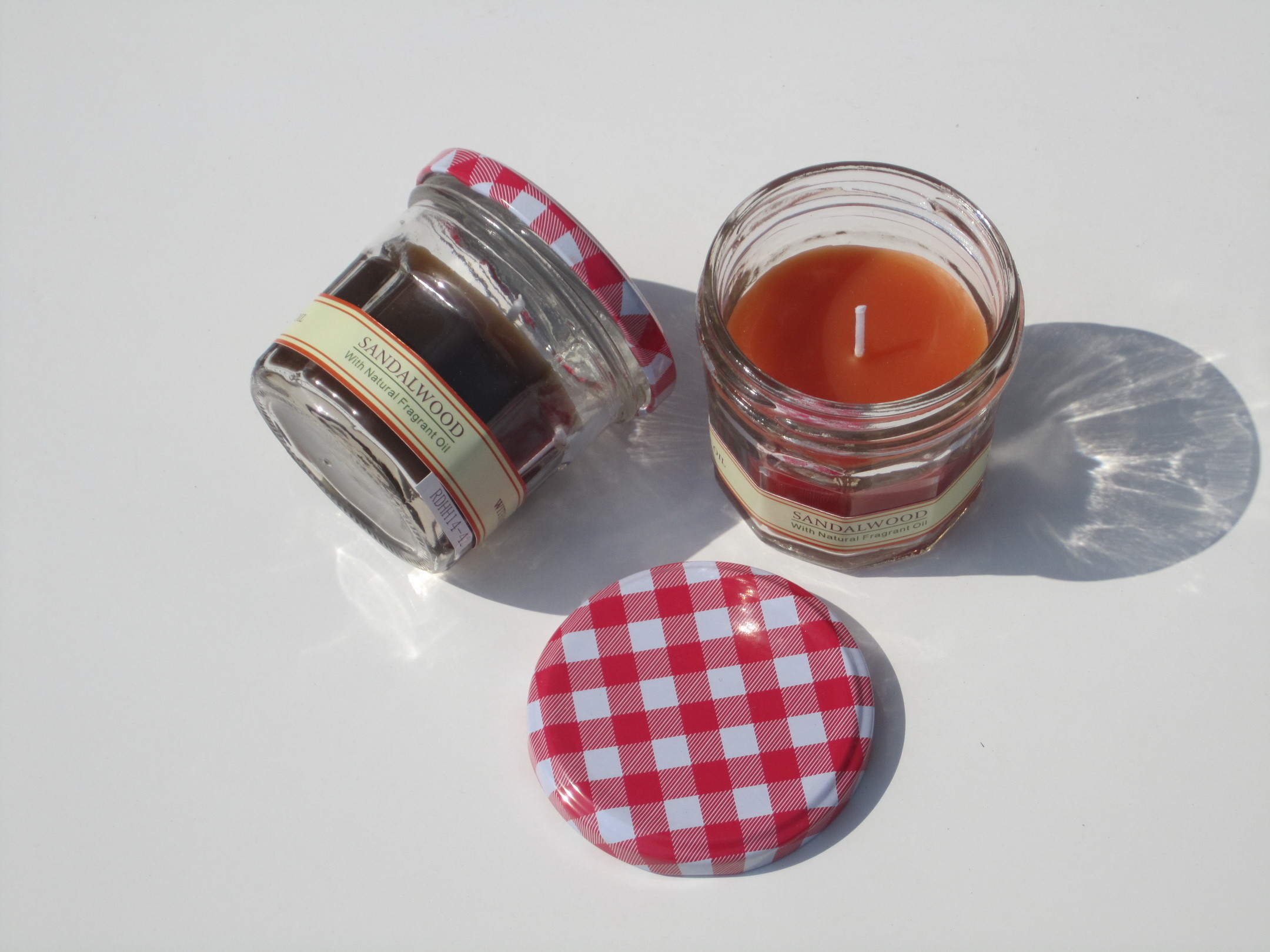 Orange & Brown scented glass jar candle with printed label decor