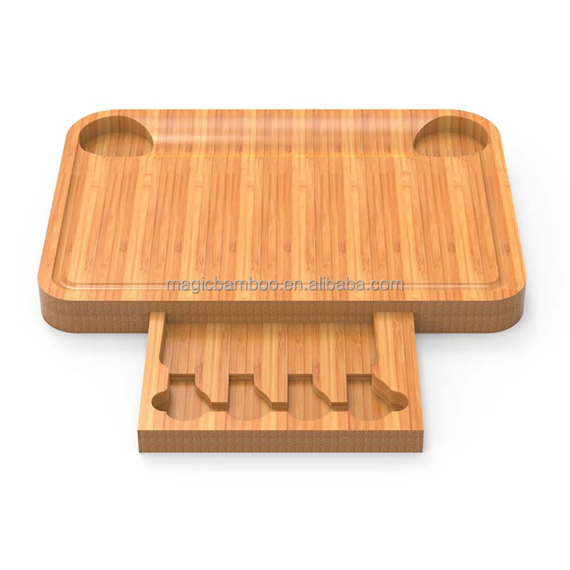 Rectangular Bamboo Cheese Board with Pull-Out Complete Set of Cheese Knives and Design