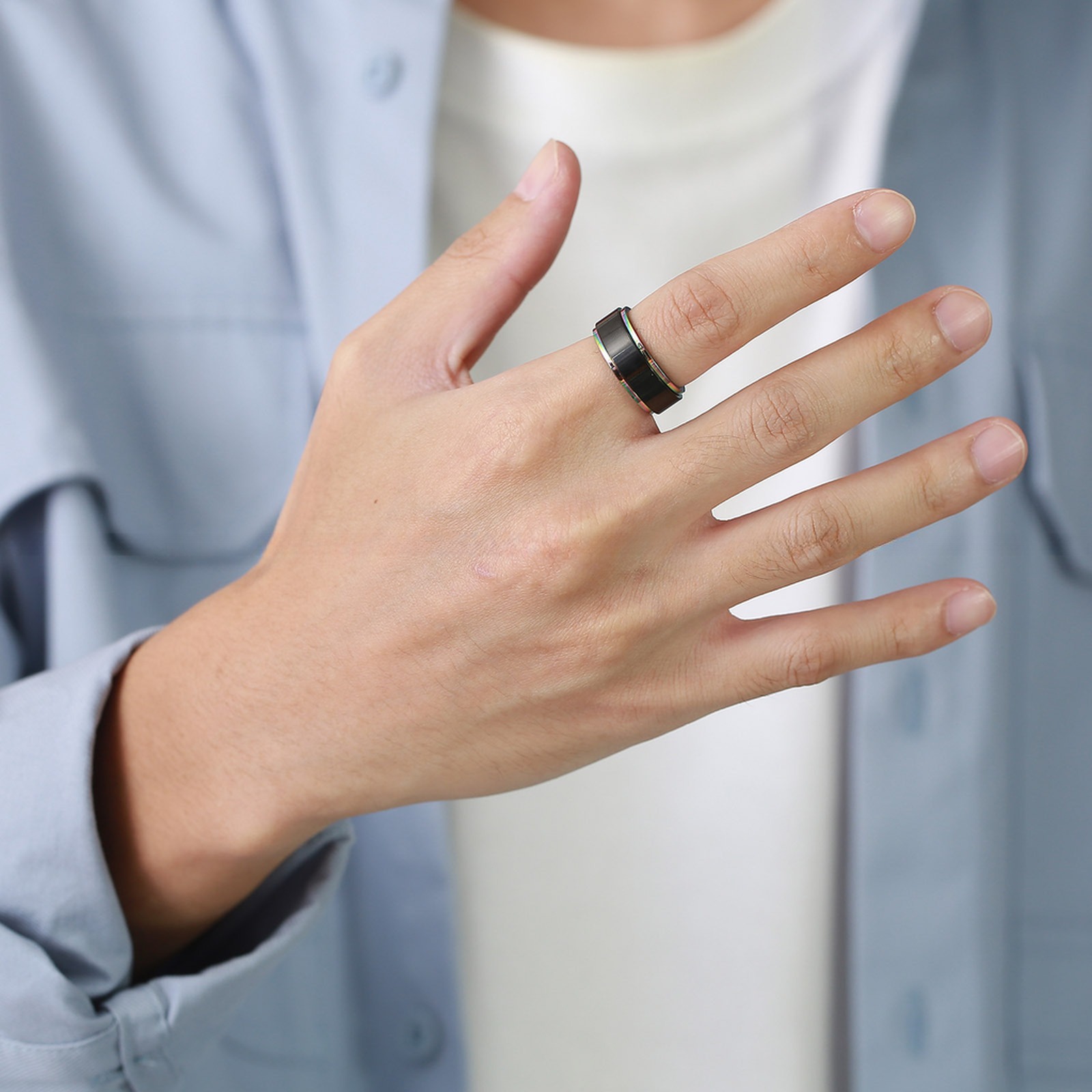 Black Rainbow Stainless Steel Worry Stress Relieve Ring Band Set With Channel Setting