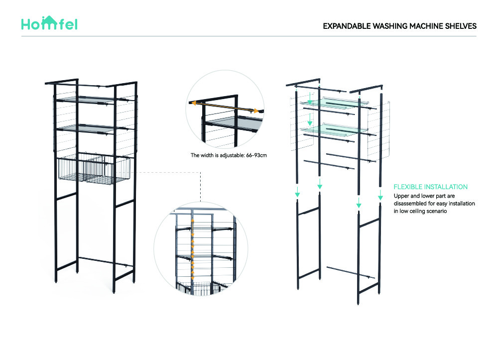 Pull Out Expandable Laundry Room Shelf Over Washing Machine Storage Rack 3-Tier Shelving Units With Rod