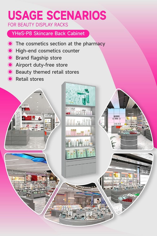 YHeS-P8 Adjustable Shelves Skincare Display Rack for Department Store Counters