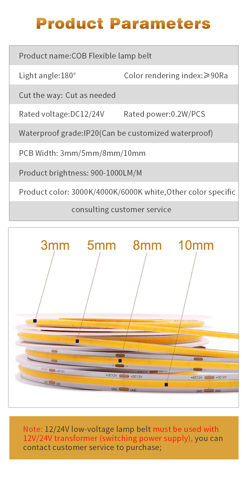 PCB Width 3mm/5mm/8mm/10mm/12mm RGBW COB LED Strips for Commercial Dream Long-lasting