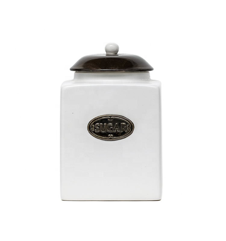 Ceramic Airtight Storage Jars Tea Sugar Coffee Food Storage Canister Set With Black Cover