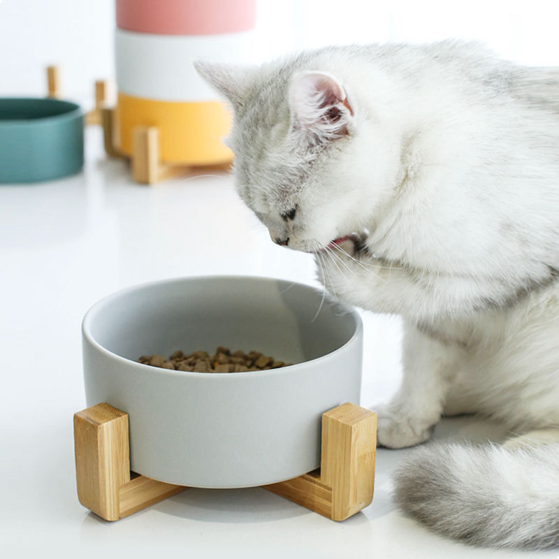 Rounded Marble Ceramic Pet Bowl With Elevated Stand Japan Style Printed