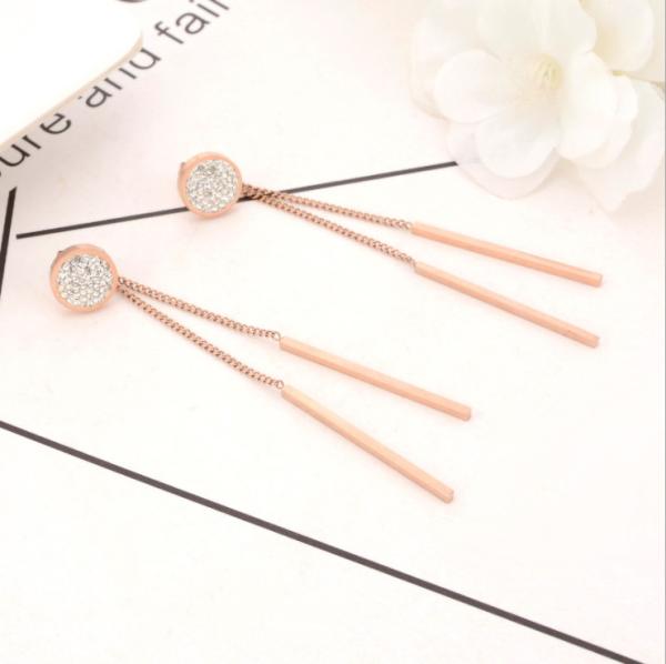 Round full diamond stud Tassel pendant rose gold earrings Stainless steel