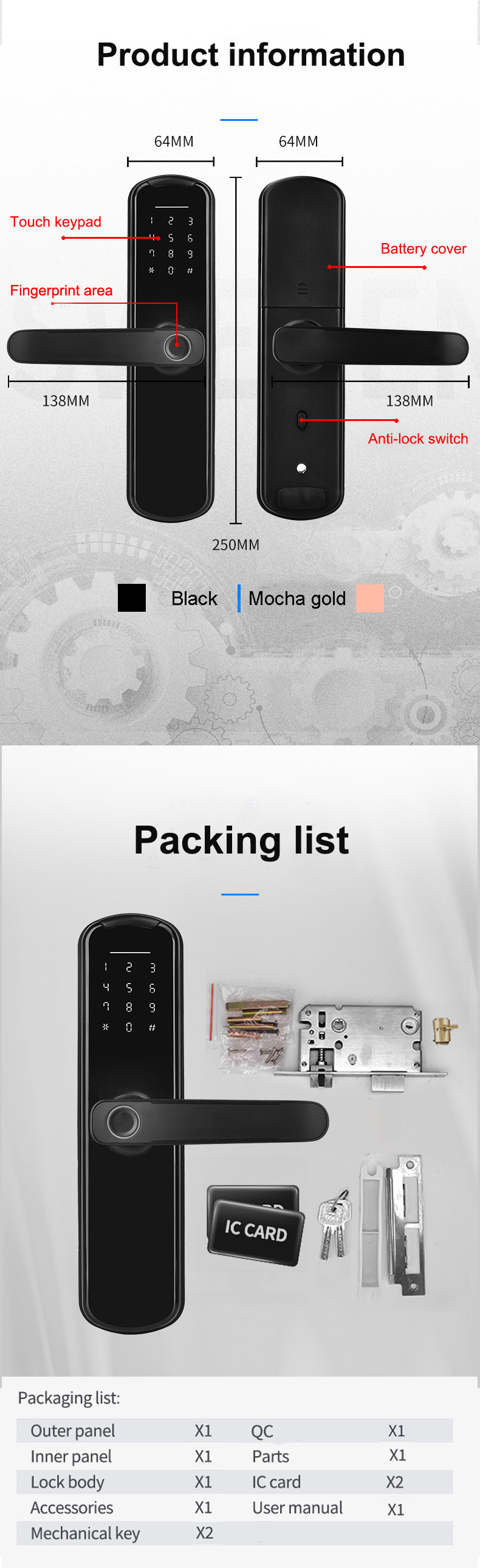 Electronic Keyless Smart Fingerprint Lock 120mm Thickness Fingerprint