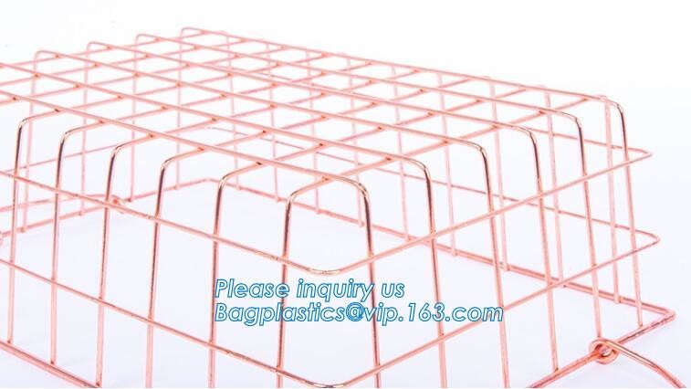 metal wire storage basket with tray in whole sale lowest MOQ sale even just buy 1 set, Kitchen storage Rose gold wire me