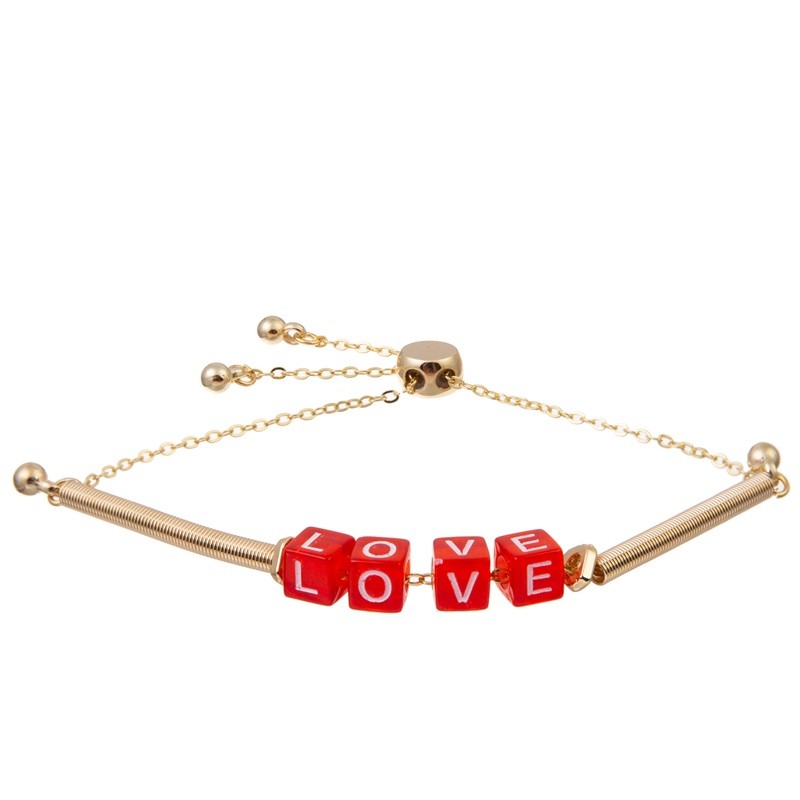 Boho Gold Chain Bracelets Pink Love Letter Beads Adjustable Hypoallergenic