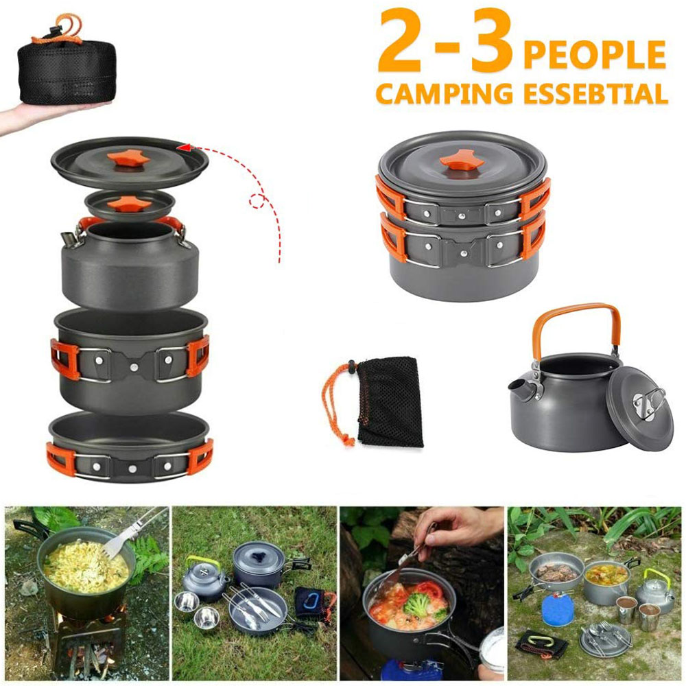 Stainless Steel Outdoor Cooking Set Rolled Edge Camping Cookware For 1-2 P