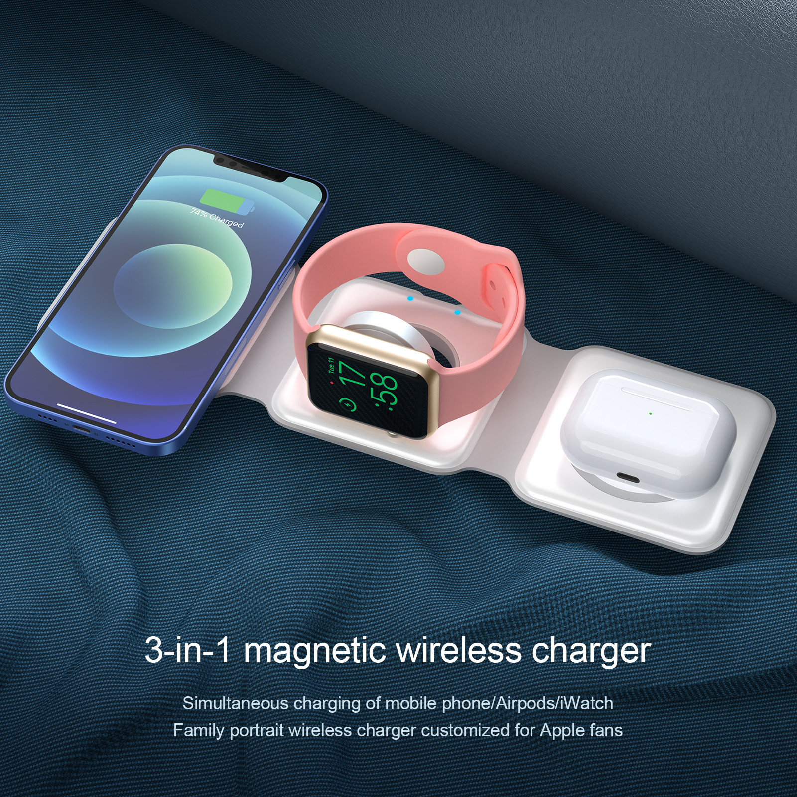 15W Qi Compatible Portable 3 In 1 Wireless Charging Pad With Over Voltage Protection - Black/White