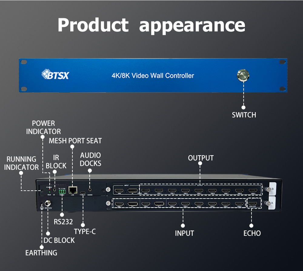 Bitvisus 4K60 8 in 9 Out Video Wall Controller Rs232 HDMI/DP Network Web Control 2x2 Video Wall Matrix Controller