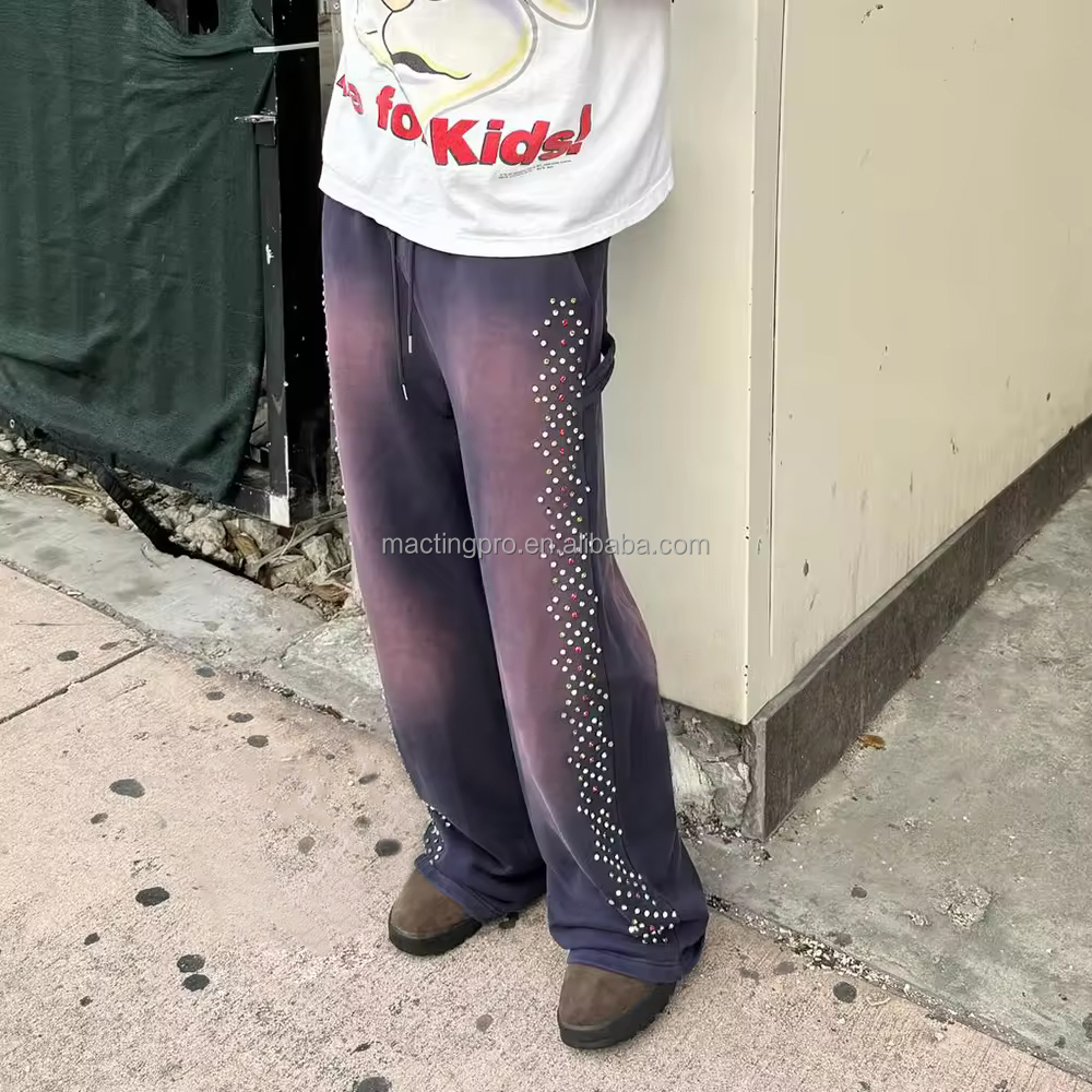 Sun Faded Acid Wash Custom Joggers Cotton Baggy Sweatpants with Crystal Decoration