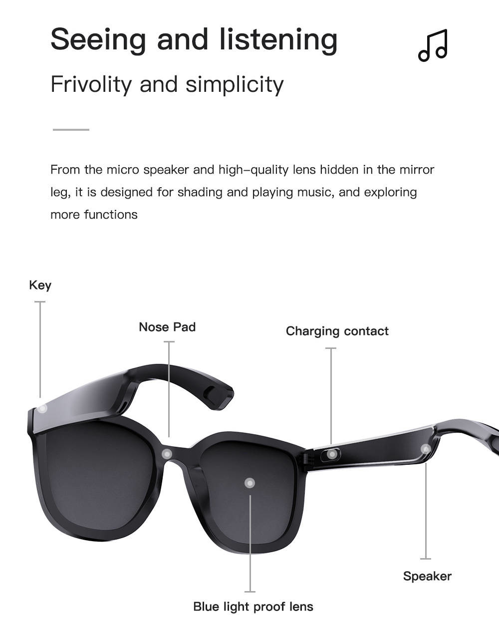 Smart Frames Glasses Bluetooth Sunglasses Directional Auditory Experience Black