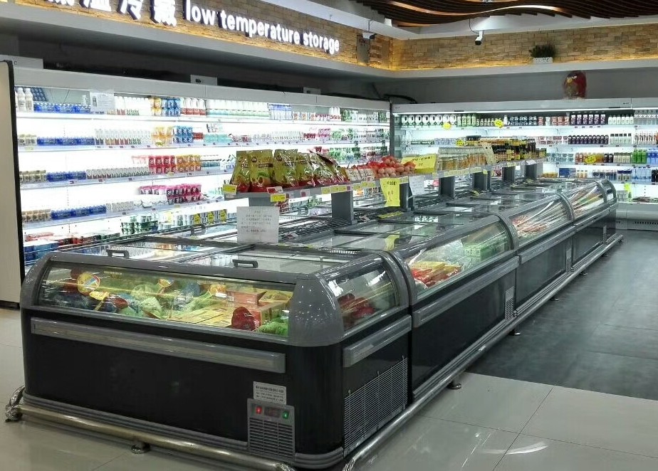 Coated Steel Large Supermarket Island Freezer With Sliding Glass Door