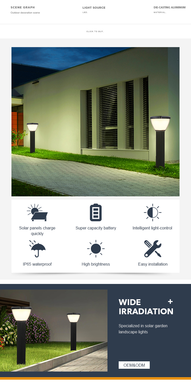 Fast Charge Aluminum LED Solar Pathway Lights IP65 Outdoor Solar Lamp For Patio Yard