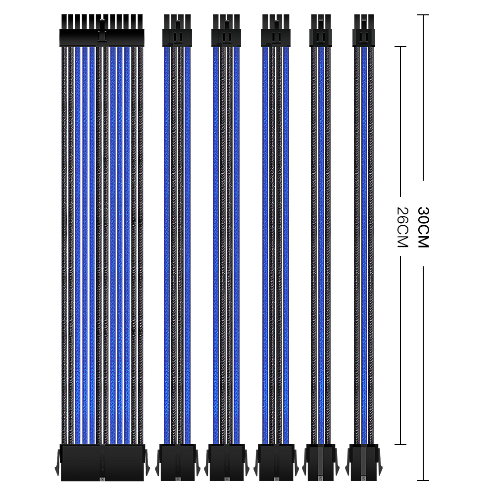 Extension Cord 24 Pin 4+4Pin GPU PCI-E 6+2 pin 6pin Extension Power Cable Kit Sleeved PSU Cable with Cable Comb Black Blue
