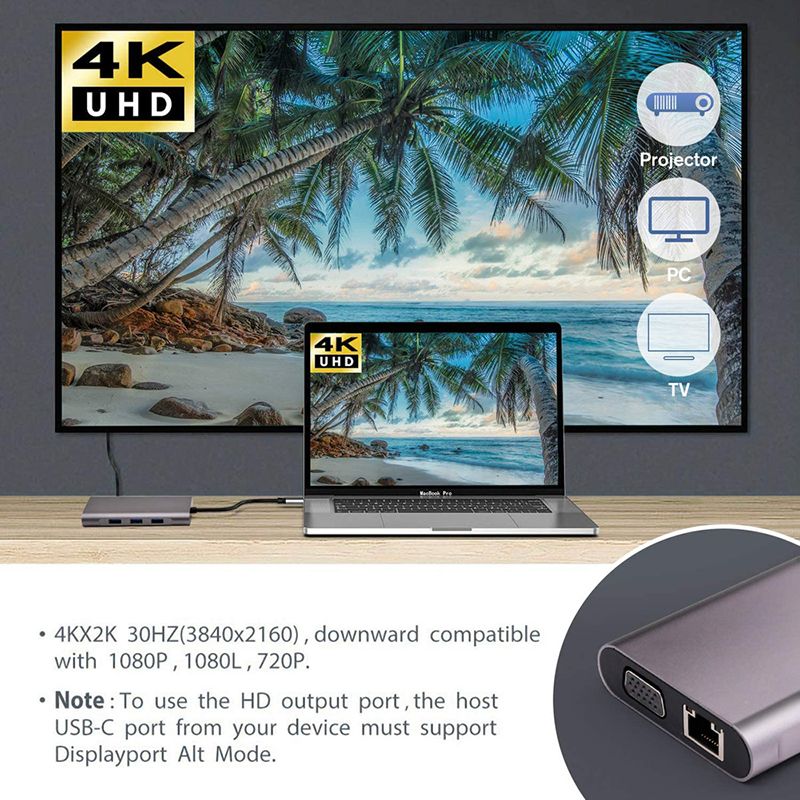USB C Hub Type-C To USB 3.0 HDMI VGA RJ45 Lan SD TF Audio USB Grey Multiport Adapter